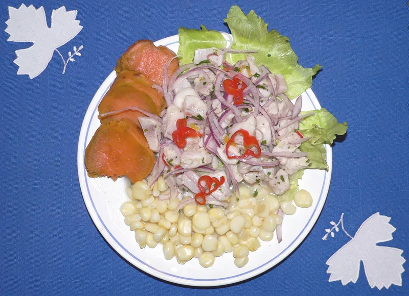 Plato de ceviche peruano con leche de tigre